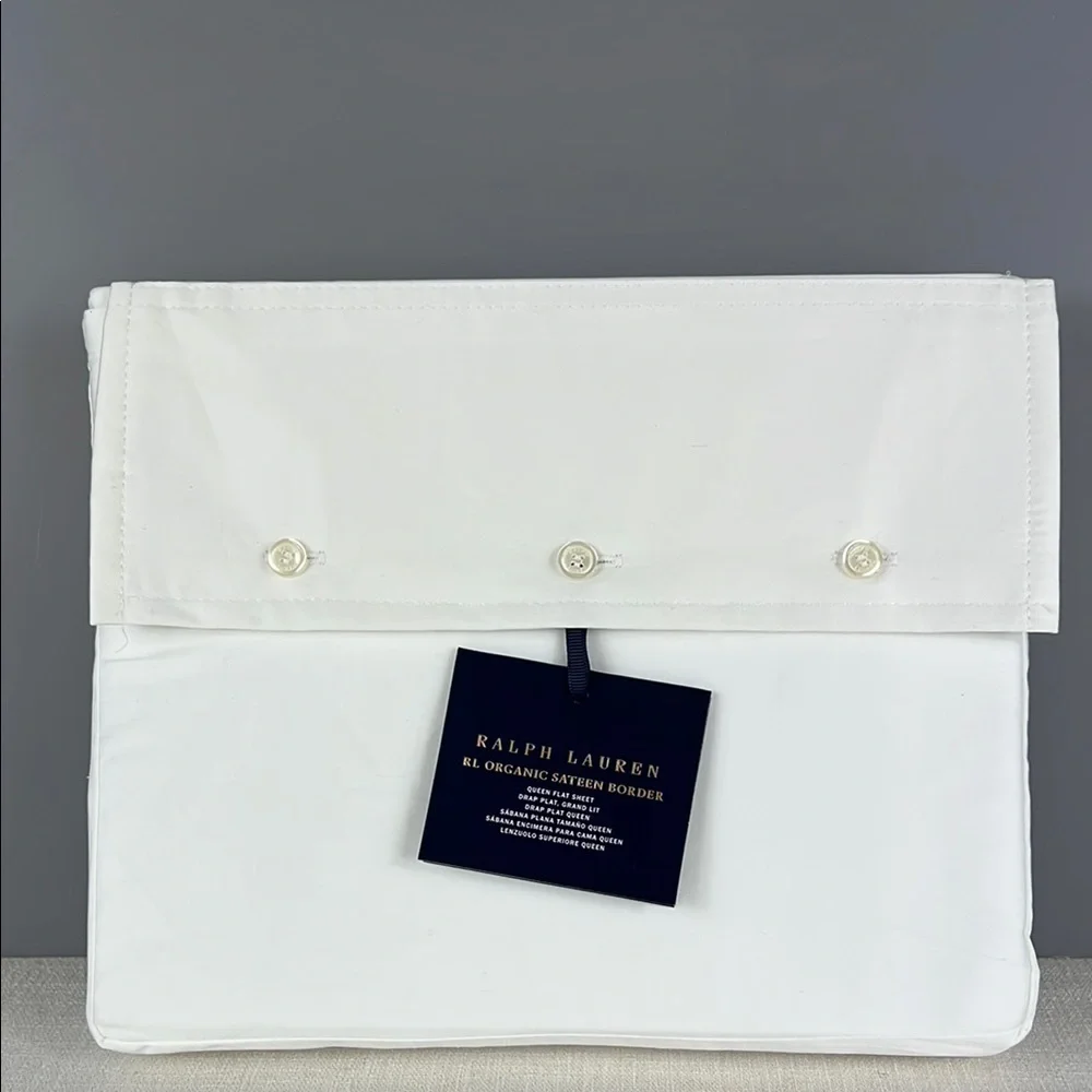 Ralph Lauren Organic Sateen Border Queen Flat Sheet Parchment 96 x 108 NEW